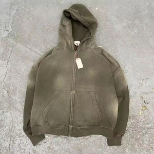 OEM Custom High Quality Winter Streetwear Oversized Fleece Blank Zip Vintage Double Layer Sun Faded Distressed Acid Wash Hoodie - Product Image 3