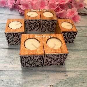Hand Block <b>Wooden</b> Candle Holder <b>for</b> Home Decoration Diwali <b>Tea</b> Light Candle Holder Square Shaped Candle Holder - Product Image 1