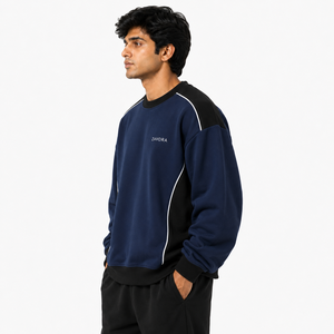Oversize Men's Sweatshirt Crew Neck Pullover Black Contrast Panel Reflective Piping <b>Raglan</b> Sleeve Casual <b>Top</b> Custom Logo Hoodies - Product Image 4