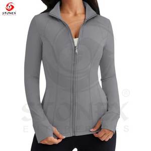 OEM Women's Stretchy Full Zip <b>Yoga</b> Gym Fitness <b>Jacket</b> Casual Stand Collar Thumb Hole Woven Winter Exercise Front - Product Image 3