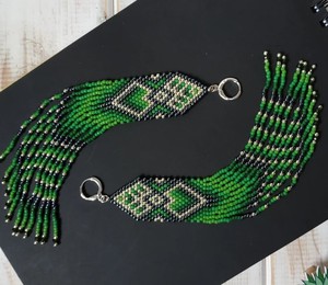 Long <b>Green</b> Beaded <b>Earrings</b> Fringe Seed Bead <b>Earrings</b> Gold Dangling Elegant - Product Image 1