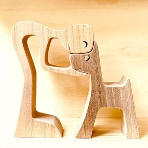Figurine de chien et de famille en bois créative faite à la main ornement d'animal sculpté Simple pour la maison ou le bureau pour la décoration d'anniversaire - Product Image 3