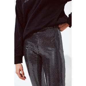 Leggings évasés en tissu argenté métallisé, effet ventre plat, push-up, chauds; en nylon et élasthanne tricotés extensibles, style décontracté, taille confortable - Product Image 3