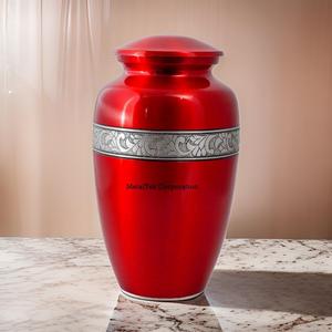 Urna de cremación clásica roja brillante con recuerdo de banda plateada Cenizas para adultos Estilo americano Nuevo diseño Entierro funerario Tarro de urnas de metal - Product Image 5