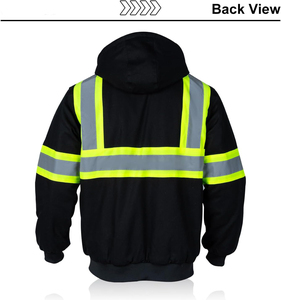 High Visibility Safety <b>Jacket</b> Hooded Winter Workwear Reflective Striped <b>Zip</b> <b>Up</b> <b>Jacket</b> Custom Logo Industrial Use - Product Image 2