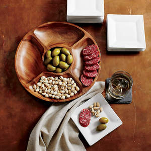 Plateau de service rond en bois d'acacia Plateau à croustilles Plateau à collation polyvalent Plat à cinq compartiments pour apéritifs Noix - Product Image 4