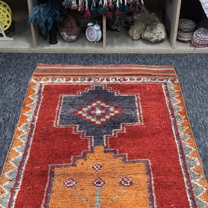 Turkish Rug, Small 3.1x10 ft Vintage Rug, <b>Red</b> Orange Geometric <b>Wool</b> Rug - Product Image 4