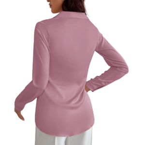 Camisa formal Coreana de primavera y otoño con cuello en V transpirable y botones para mujer, mezcla de poliéster/algodón de manga completa tejida, ODM personalizado - Product Image 3