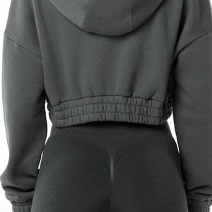 Sudadera con capucha corta de gran tamaño con cremallera completa para mujer de alta calidad 100% algodón estampado invierno blanco trazo hombro caído con capucha - Product Image 6
