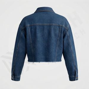 Veste en jean courte délavée pour femmes, coupe ajustée, veste en jean surdimensionnée, manches longues, style vintage, tendance, couleur personnalisée - Product Image 2