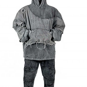 Nouveau élégant 100% coton 400 GSM poids lourd en détresse noir acide lavé à capuche blanc hommes pull Vintage hiver sweats à capuche - Product Image 5