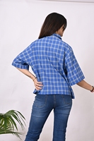 Chemisiers décontractés 100 % coton pour femmes, collection Printemps-Été 2025, col en V, imprimé à carreaux, manches longues et larges, bleu, boutonnés, respirants
