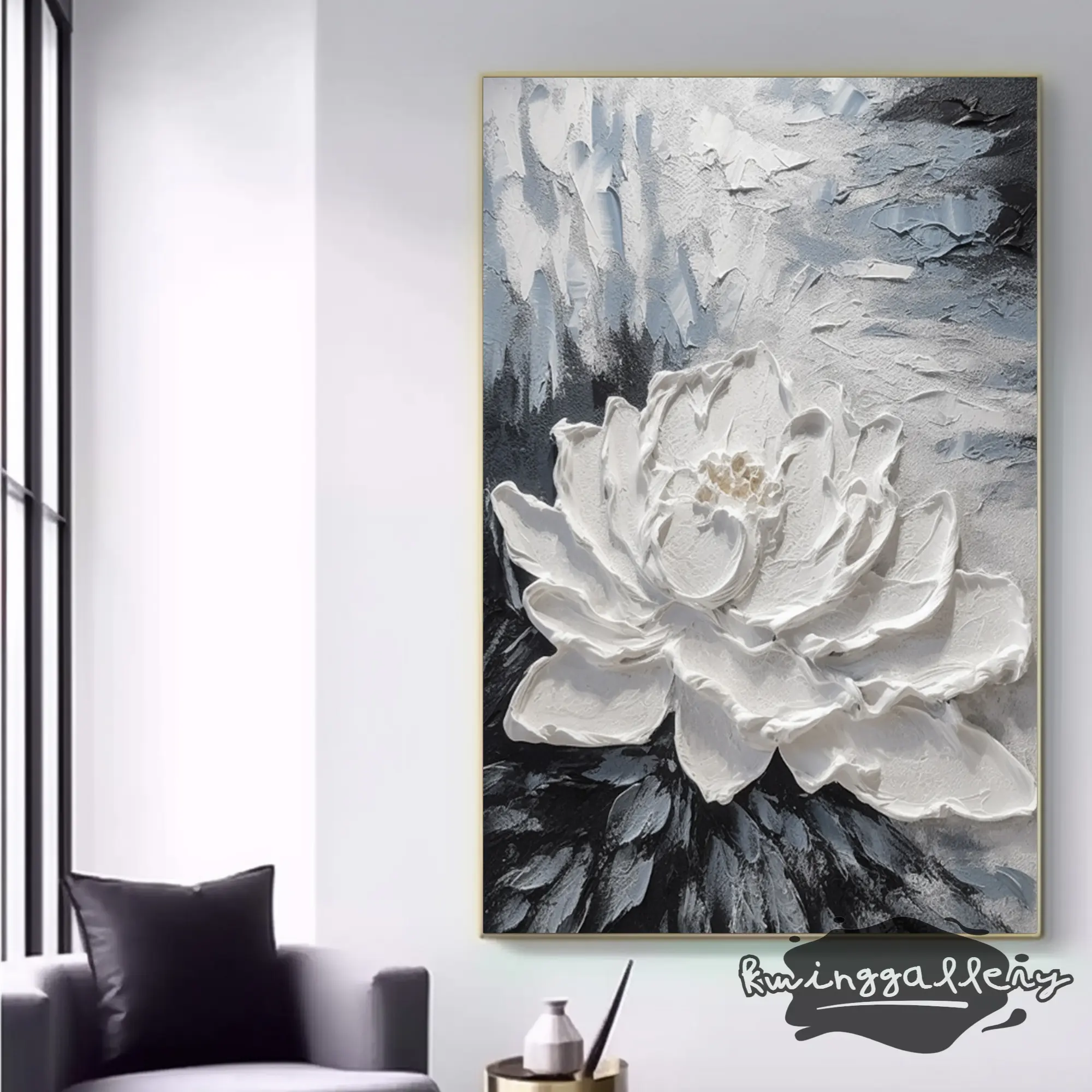 Witte Bloem Olieverfschilderij Handgemaakt Olieverfschilderij Handgemaakt Modern Canvas Wit Eenvoudig Bloemmuur Kunst Olieverfschilderij