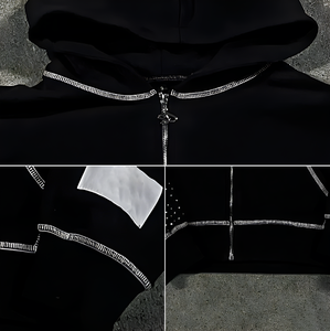 Vente en gros de pull à capuche lourd OEM personnalisé contrat point strass broderie vieilli 100% coton automne perlé - Product Image 2