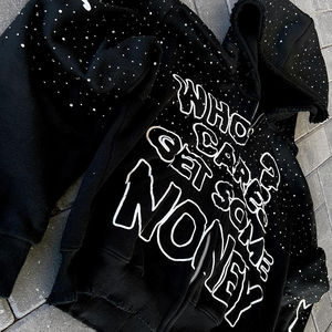 Sudaderas con capucha con estampado de diamantes de imitación y cremallera cuadrada desgastada de gran tamaño de algodón pesado de alta calidad con logotipo personalizado - Product Image 2