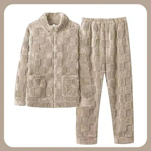 Automne hiver hommes pyjamas costumes solide ananas à carreaux imprimé corail velours manteau et pantalon 2 pièces ensemble flanelle maison vêtements - Product Image 2