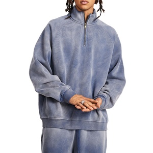 Sudadera con capucha vintage para hombre, de tejido grueso, estilo urbano, con cuello alto, cremallera de 1/4, a rayas, con efecto lavado ácido y logotipo frontal - Product Image 1