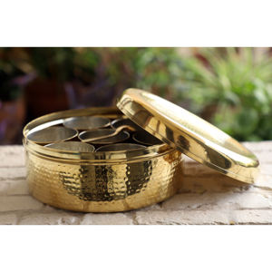 IndianArtVilla Handcrafted Brass Hammered Design Spice <b>Box</b> With with Lid-Kitchenware & Tableware, 8.2 Inch - Product Image 5