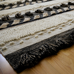 Handwoven Striped Cotton <b>Rug</b> Brown Black Blend Shaggy Pile with Fringe Boho Style for Natural and <b>Rustic</b> Home Decor - Product Image 1