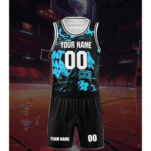 Ropa de baloncesto personalizable al por mayor transpirable y de secado rápido, diseño abstracto multicolor ideal para entrenar uniforme de baloncesto - Product Image 5