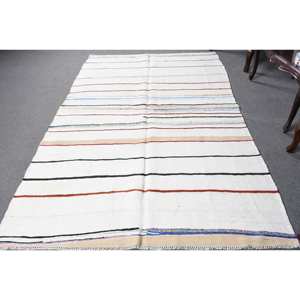 Tapis moderne en laine blanche de 5.4x8,1 pieds à rayures turques et patchwork pour décorations de salon soutenu en latex - Product Image 1