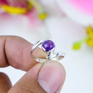Sterling Silver Amethyst Solitaire <b>Ring</b> Round Purple Cabochon Minimalist Open Band Gemstone Jewelry For <b>Women</b> - Product Image 3