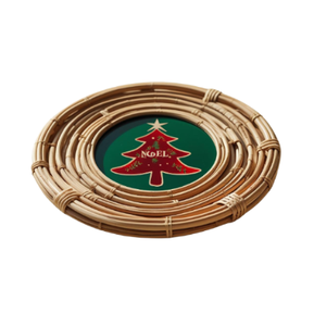 Handmade Round Rattan <b>and</b> <b>Mother</b> of Pearl Coasters with Christmas Tree <b>and</b> Wreath Design for Winter Party, Table Decor or <b>Gift</b> - Product Image 1