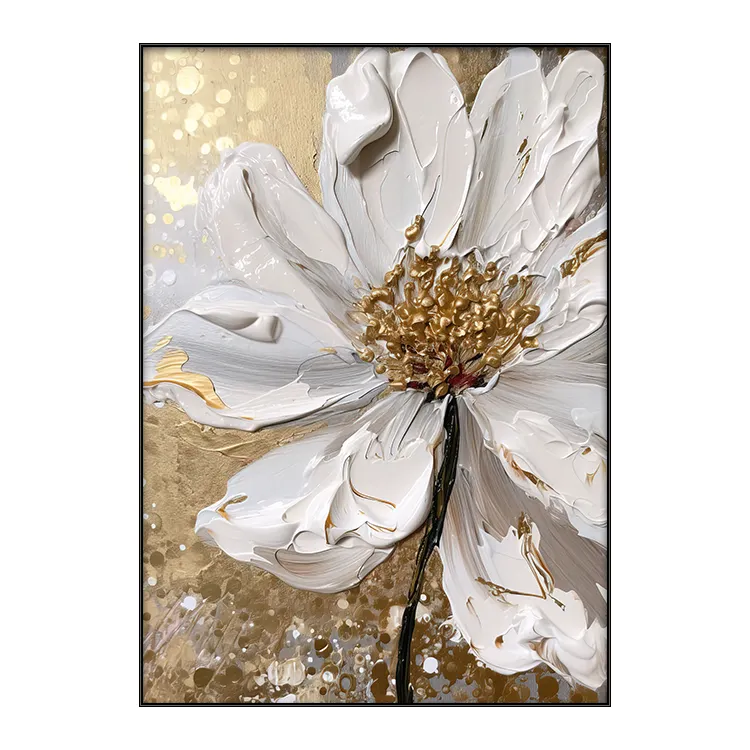 פרח מופשט גדול ציור יד קנבס אמנות קיר ציור שמן במרקם מקורי לבן פרחוני התאמה אישית עם תמונות