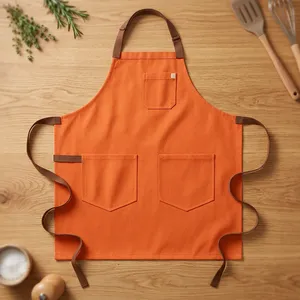 Orange Durable Reusable Bib <b>Apron</b> with Multiple Pockets Classic Style for <b>Cooking</b> Daily Use Canvas Material - Product Image 1