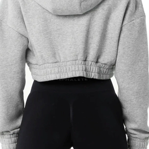 Sweat à capuche en molleton Spandex/Coton avec épaules tombantes, coupe oversize courte, gris chiné, fermeture éclair intégrale pour femme - Product Image 3