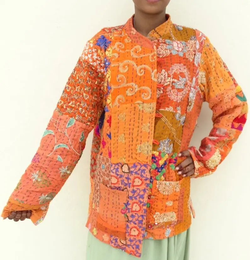 Orange Hand Embroidered Sari Patchwork Kantha Jacket Design Cotton Kantha Coat Handmade Women's Floral Jackets Full Eco-friendly