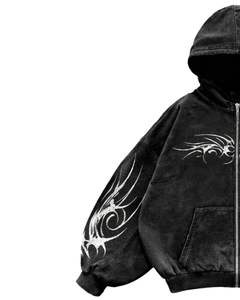 Manufacturer Black Acid Washed <b>Zip</b> <b>Up</b> Hoodie With Gothic Tribal White Print Oversized Streetwear <b>Women</b> Cotton Fleece <b>Jacket</b> - Product Image 3