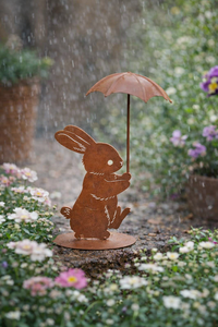Rostiger Metall-Hase als Ornament mit Regenschirm, Vintage Eisen-Häschen Gartendekoration für Blumentöpfe, Hofkunst, Outdoor Frühlingsdekoration - Product Image 3