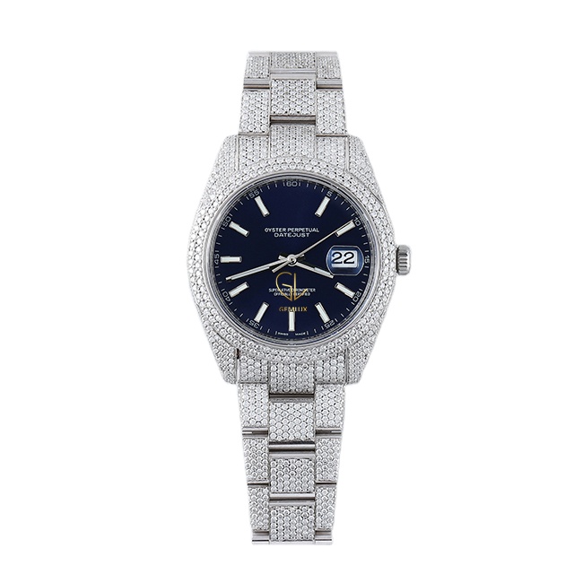 New Arrivals Fully Iced Out VVS Moissanite Diamond Blue Dial Date Just Skeleton Hiphop Wrist Watch For Men