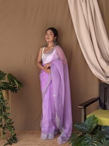 Pure <b>Organza</b> <b>Silk</b> Saree with Handwork and Machine Work Ladies Cutwork Border and Multi-Thread Sequence for Weddings Parties - Product Image 5