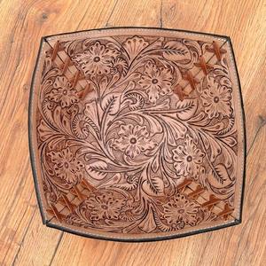 Western Hand Tooled Leather <b>Tray</b> Full Grain Cowhide Leather Bowls High Quality Luxurious Bowls Handcrafted Decorative Homeware - Product Image 2
