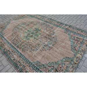Tapis turc vintage traditionnel Beige vert 6.4x9.1 pieds laine tissage plat Patchwork Design Aubusson Style pour salon Latex - Product Image 4