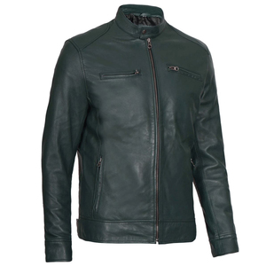 Dodge Veste en cuir vert foncé Cafe Racer pour homme Biker 100% Manches en cuir d'agneau Col à capuche zippé sur le devant - Product Image 3