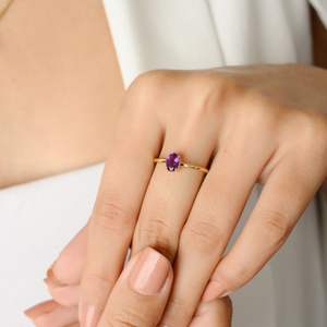 Nuevo anillo delicado de corte ovalado de amatista Natural 100% de moda, joyería de oro amarillo sólido de 18K, anillo clásico hecho a mano para bodas - Product Image 4