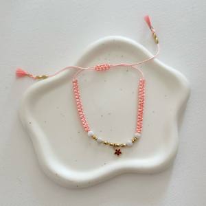 Macramé rose perlé réglable pour bracelet bracelets de style bohème avec breloque fleur rouge et perle de diamant cadeau religieux - Product Image 2