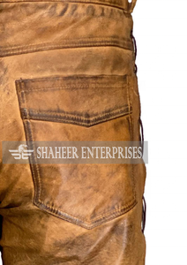 Pantalons pour hommes de marque en gros, marron, Vex, cuir véritable souple, poches zippées personnalisées, coupe droite, style motard, hiver, bouton, non tissé - Product Image 5