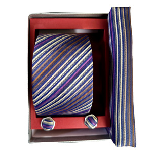 <b>Navy</b> Lilac Brown Striped Jacquard Woven <b>Tie</b> Pocket Square Cufflink Set in Gift PU Leather Box for Groom Wear - Product Image 3
