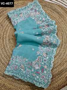 Sari de seda suave y crujiente de estilo moderno más hermoso con blusa bordada de trabajo para colecciones de Sari para festivales y fiestas - Product Image 2