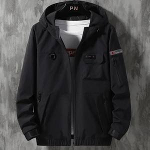 Veste coupe-vent décontractée pour hommes, manteau à capuche pour printemps automne rouge noir kaki à fermeture éclair, vêtements d'extérieur d'hiver en toile fine de grande taille - Product Image 3