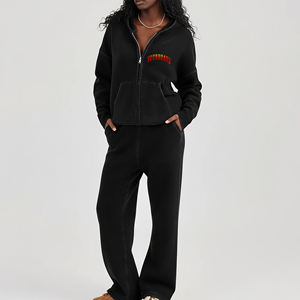 Ensemble sweat à capuche zippé et pantalon de jogging évasé en molleton épais 100 % coton, coupe classique, nouvelle collection 2025, avec logo brodé personnalisé pour femme - Product Image 4