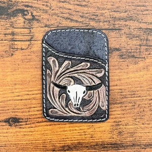 Custom Hand <b>Tooled</b> <b>Leather</b> Credit Card Holders White Bull Skull <b>Tooling</b> Card Case Western Genuine <b>Leather</b> Cowgirl Pocket Wallets - Product Image 2