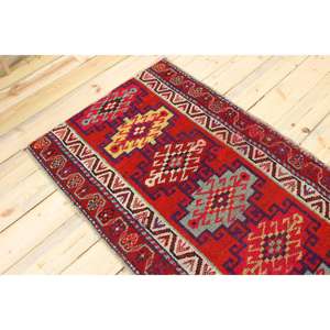 Alfombra Turca de Pasillo 2.8x11.2 pies (86x340 cm), Alfombra Vintage Roja con Puntos - Product Image 4