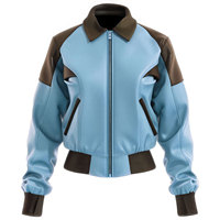 Blouson Bomber en Coton Doux et Épais pour Femme, Bleu Ciel et Noir, en Mélange de Laine, Doublure Respirante, Fermeture Éclair, Tricot Côtelé, avec Détails en Cuir