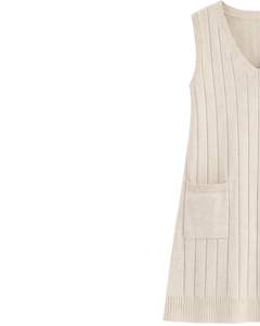 Beige <b>Womens</b> Knitted Sleeveless <b>Vest</b> Dress V Neck Ribbed Pockets Soft Acrylic Winter Casual Custom Manufacturer Wholesale Export - Product Image 4