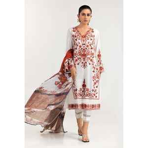 Women's White Khadi Net Salwar Kameez & Dupatta 2-Piece Loose Fit Casual Cotton Ethnic Wear Stitched - Product Image 1